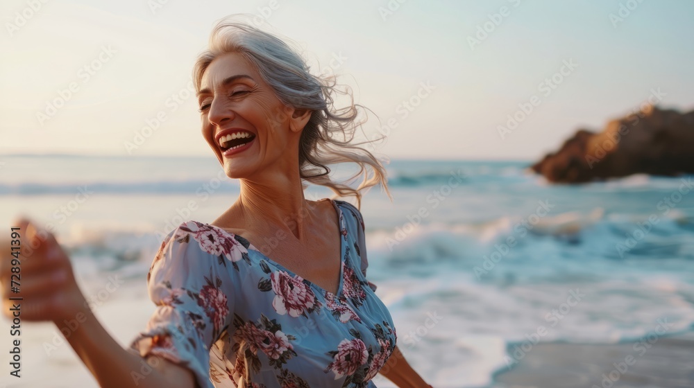 Beautiful happy woman on the beach at sunset. Portrait of a smiling middle-aged woman. Beautiful happy woman on the beach at sunset. Portrait of a smiling middle-aged woman.