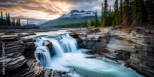 waterfall in yosemite, Waterfall with long exposure during the sunrise in jasper national park canada, Athabasca fall with cloudy day in spring, alberta,  Generative AI photo