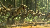 In a dramatic display of speed and agility a large herd of velociraptors races through a dense jungle their sharp claws leaving deep grooves in the muddy ground.