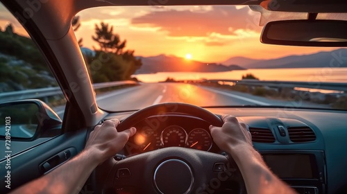 Hands of car driver on steering wheel road trip drive in summer vacation at sunset. Generative AI.