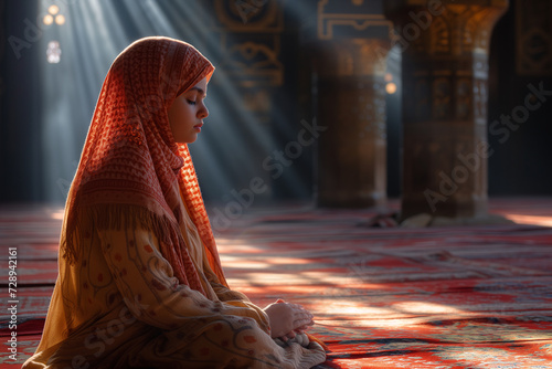 Muslim woman in a hijab is engaged in solemn prayer inside a mosque, with beams of light illuminating the spiritual scene.