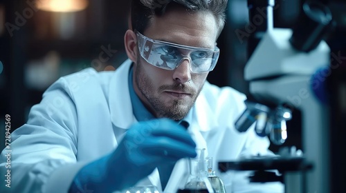 Handsome man scientist working in laboratory with safety protection glasses and blue medical gloves. man uses a microscope test tube experiments and analyzing results. Generative AI. photo