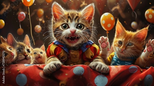 A mischievous kitten sneaking behind a clowns back and stealing a handful of catnip from his polka dot pants as other cats look on with sly grins and raised eyebrows. photo