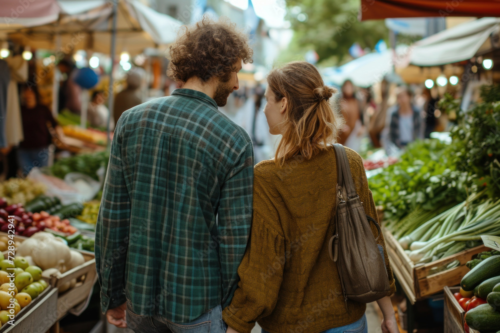 Couple Exploring Local Farmer's Market and Enjoying Fresh Produce Selection