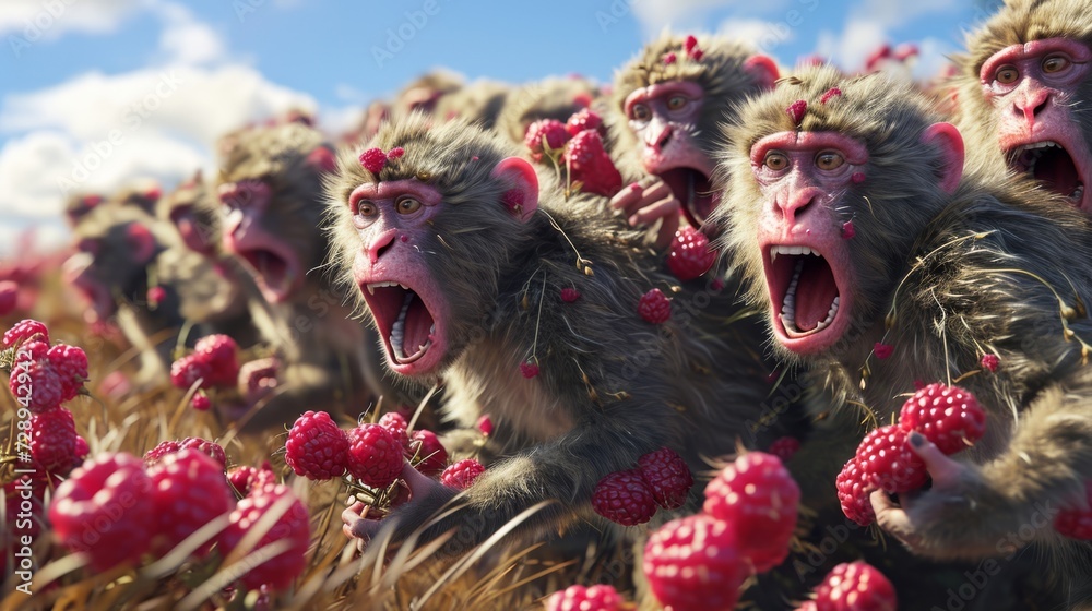 A group of mischievous monkeys having a wild raspberry fight on the slopes of Raspberry Ridge with their fur completely covered in sticky raspberry seeds.