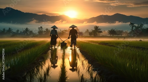 Asian farmer workers working at rice farm fields and harvesting rice. Generative AI. © visoot
