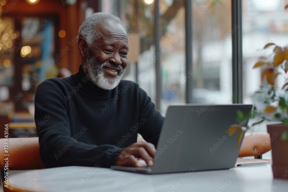 Portrait of a senior african american man using laptop in a coffee shop Portrait of a senior african american man using laptop in a coffee shop
