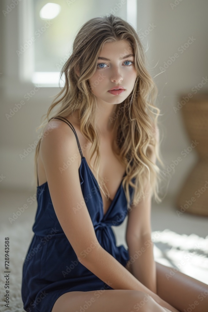 Portrait of a beautiful girl in a blue dress sitting on the bed. Portrait of a beautiful girl in a blue dress sitting on the bed.