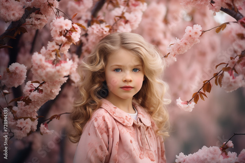 Little Girl in Spring Blossom Wonderland