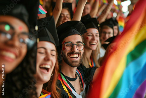 Joyful LGBTQ+ Graduates Celebrating Commencement with Pride Flags and Caps