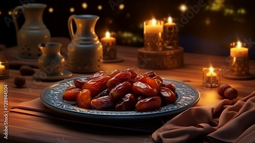 Dates Fruit, Dry dates on saucer ready to eat for iftar time. Islamic religion and Ramadan concept