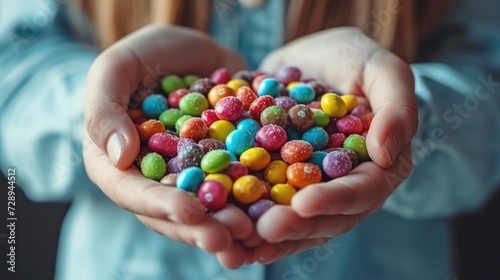 Close up hands of young girl holds small colorful candies and sweets. Generative AI.