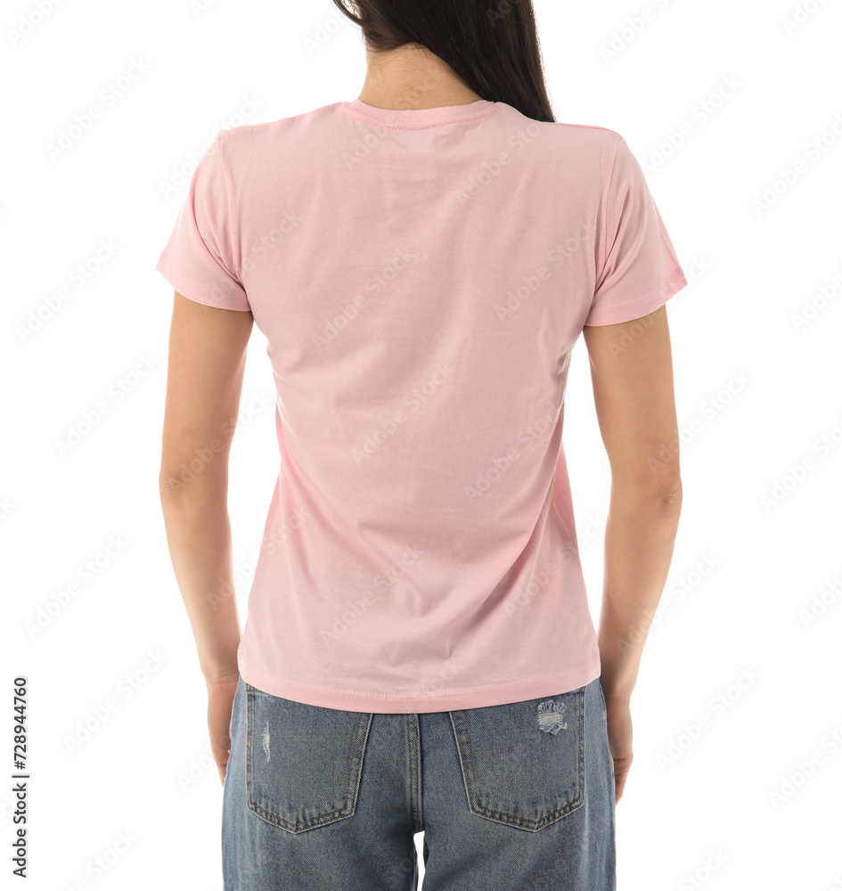 Young woman in stylish pink t-shirt on white background, back view