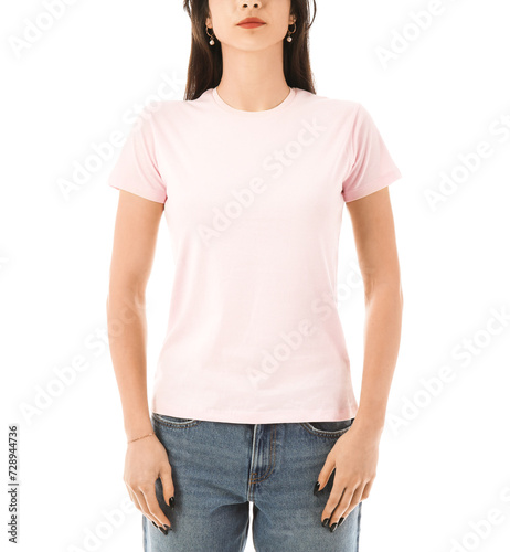 Young woman in stylish pink...