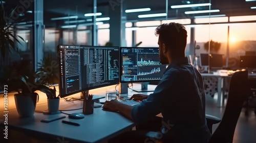 Programming and engineering on his computer and typing on the keyboard writing codes and programs in a modern tech company office. numbers and graphs on screen. Generative AI.