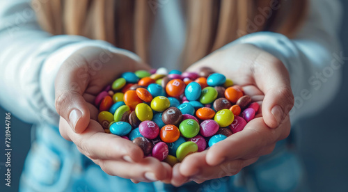 Close up hands of young girl holds small colorful candies and sweets. Generative AI.