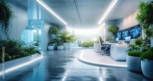 Creating Environment That Blends Efficiency With Eco Friendliness, A futuristic business office with smart technologies and green plants. Generative AI.