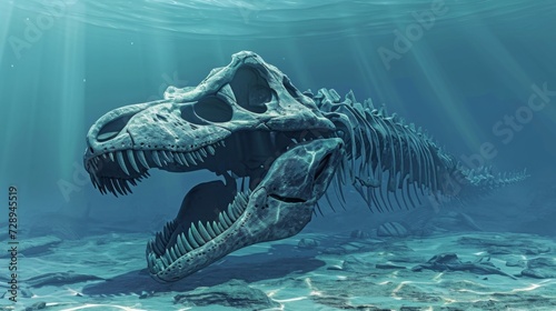 An aweinspiring image of a giant mosasaur skull emerging from the ocean floor preserved in perfect condition.