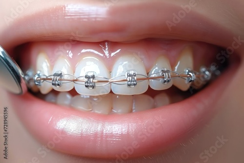 Close up of female mouth of a woman with braces on the teeth. teeth treatment at a dentist. Generative AI.