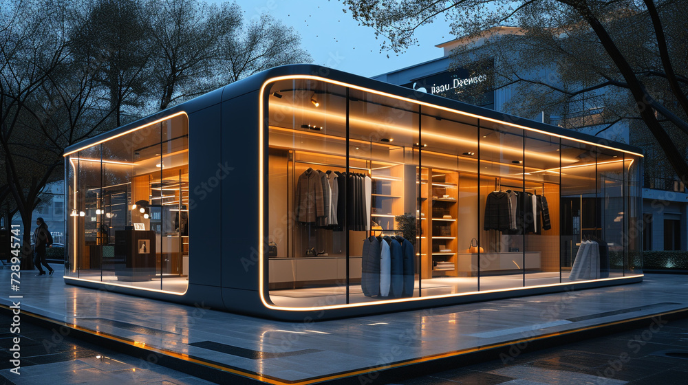 Depict a boutique with a modular, transformable exterior, showcasing innovative design that adapts to seasonal trends and events.