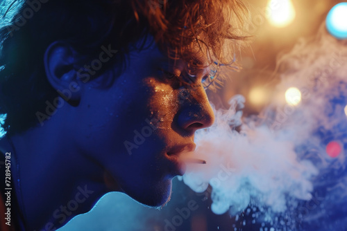 Close-Up of a Young Man Exhaling Smoke in a Neon-Lit Night Atmosphere