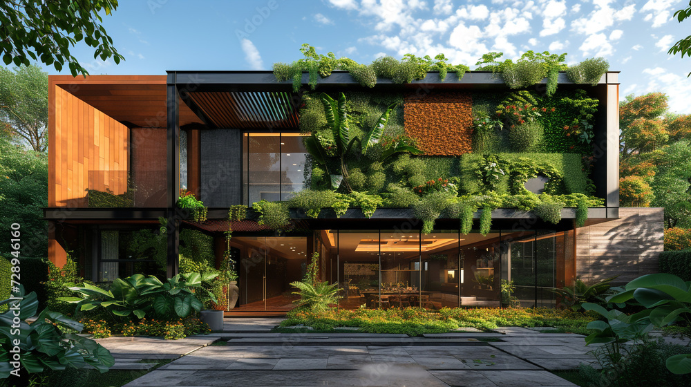  a modern boutique exterior with a living green wall, integrating nature into urban luxury design.