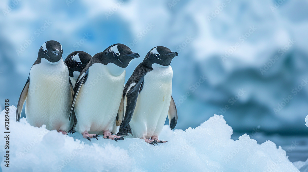 A group of penguins huddling together on an ice floe in Antarctica