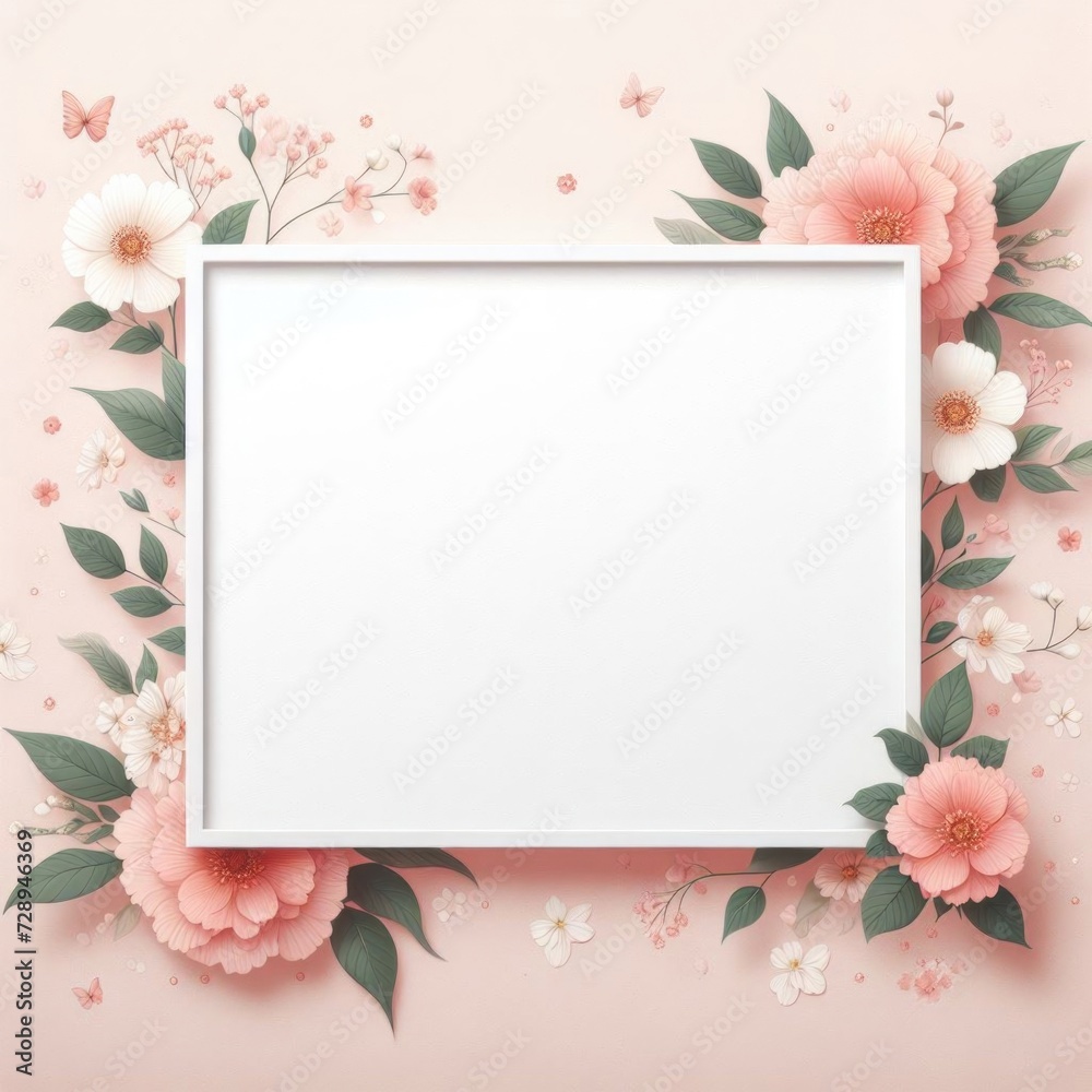 blank white rectangular frame centered on a soft pink background surrounded by beautifully illustrated flowers and leaves