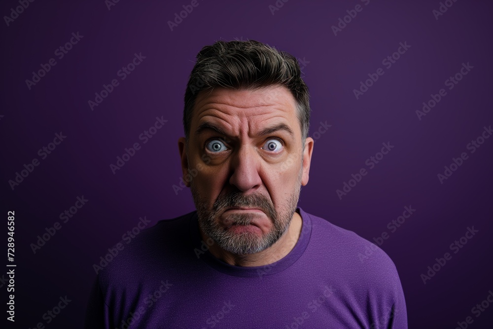 Surprised Middle-Aged Man on a Solid Purple Background. Generative AI.