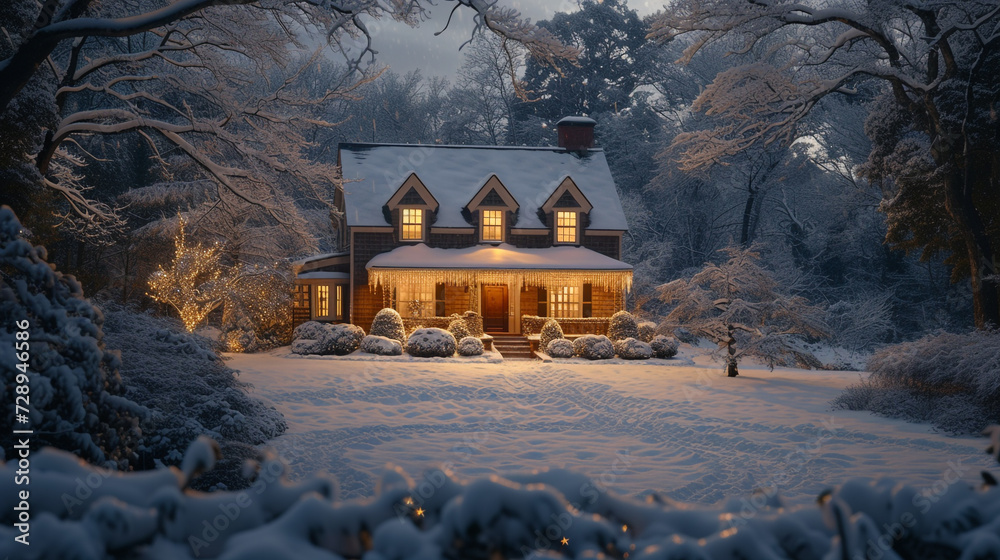 A snowy scene of a Cape Cod house with warm lights glowing from windows, icicles hanging from the eaves, and a snow-covered yard - obrazy, fototapety, plakaty 
