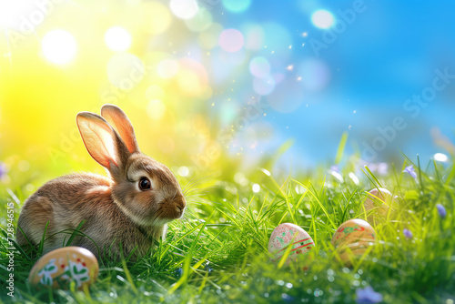 Easter Bunny with Colorful Eggs in Sunlit Grass © marishatti