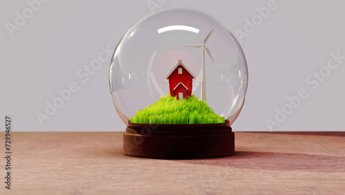 Environment globe crystal ball with colorful red house near wind turbine and green grass field view 3D rendering