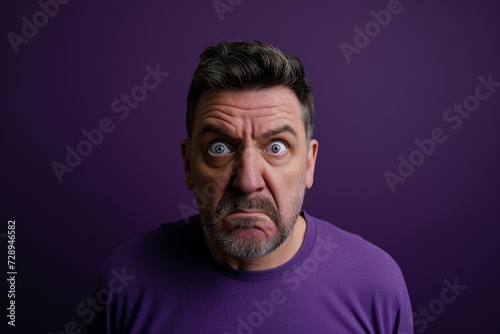 Surprised Middle-Aged Man on a Solid Purple Background. Generative AI. © Tuyres