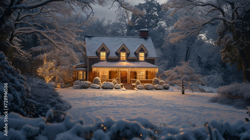 A snowy scene of a Cape Cod house with warm lights glowing from windows, icicles hanging from the eaves, and a snow-covered yard