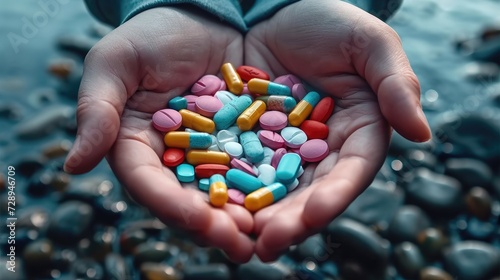 Multiple colors pills in hand, Close up hands holding pills and colorful capsule tablets and giving it. Generative AI.