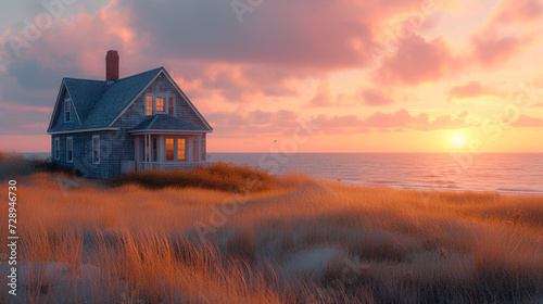 A weathered shingle Cape Cod house nestled among tall beach grass, ocean in the background during sunset