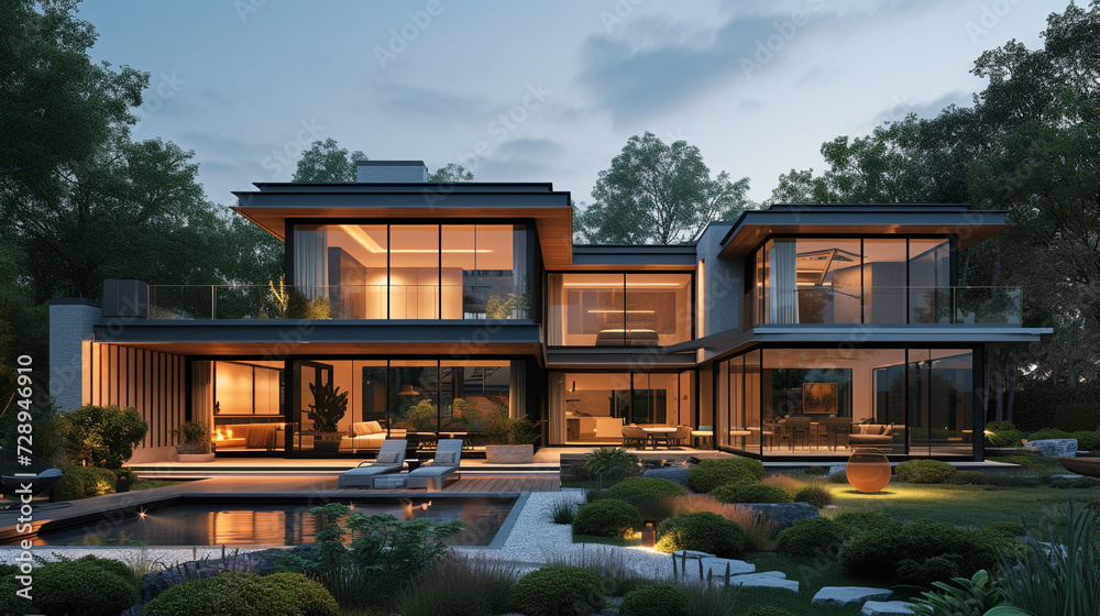 A Cape Cod house with a modern twist, featuring large glass windows, sleek lines, and a minimalist landscape design at dusk