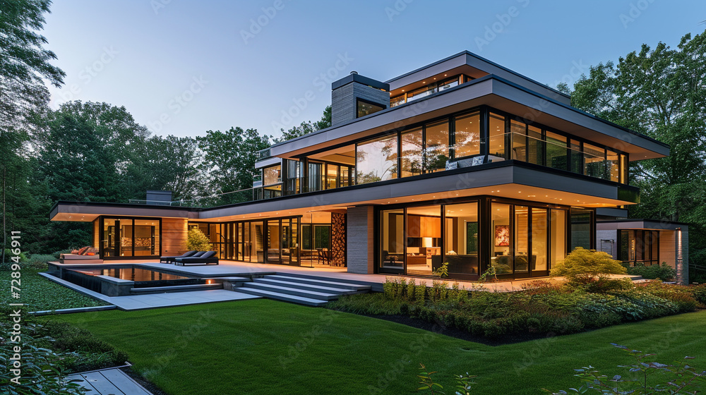 A Cape Cod house with a modern twist, featuring large glass windows, sleek lines, and a minimalist landscape design at dusk - obrazy, fototapety, plakaty 