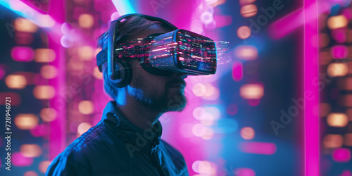 Virtual Reality Gaming Session. Gamer engaged in a virtual reality game, headset illuminated with neon pink light.