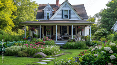 A charming Cape Cod home with a wrap-around porch, adorned with rocking chairs and surrounded by lush, flowering gardens