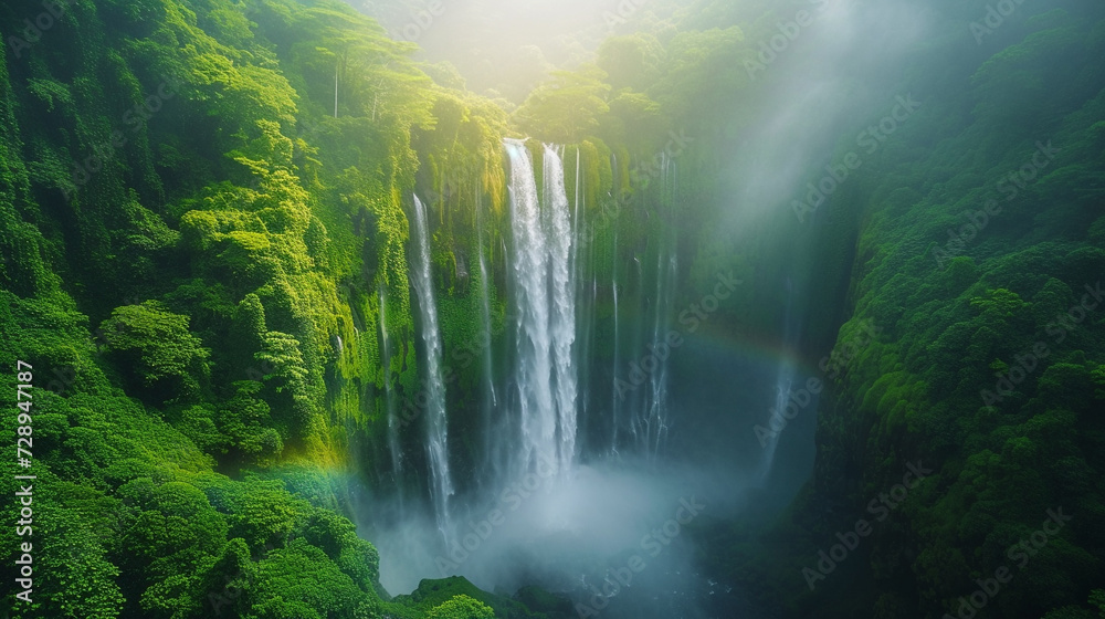 A serene waterfall cascading down a lush, green mountainside, with a rainbow forming in the mist