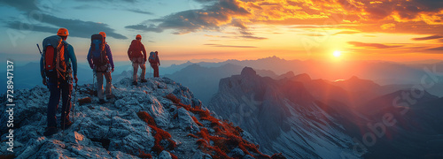 Silhouette of people with trekking poles on mountain. Generative AI.