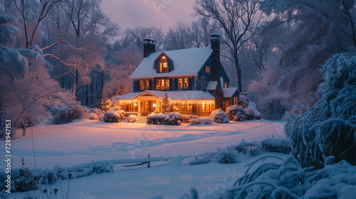 A snowy scene of a Cape Cod house with warm lights glowing from windows, icicles hanging from the eaves, and a snow-covered yard