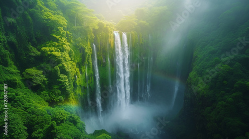 A serene waterfall cascading down a lush  green mountainside  with a rainbow forming in the mist