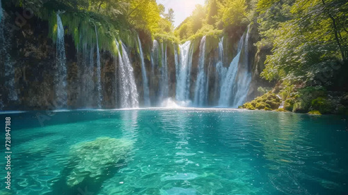 A series of cascading waterfalls in Plitvice Lakes National Park  Croatia  with crystal clear turquoise waters 