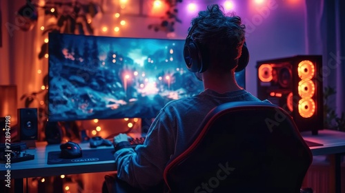 A gamer sitting on a chair in his gaming room is gaming on his pc computer console with keyboard mouse and headphones in front of multiple monitor. Generative AI. © visoot