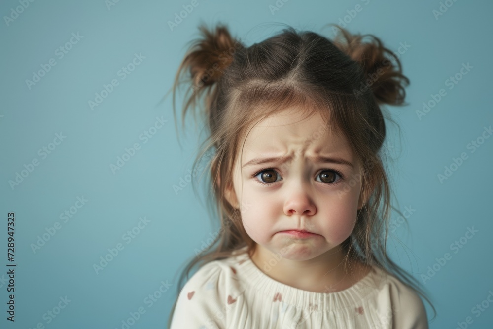 Worried Little Girl Crying on a Solid Light Blue Background. Generative AI. Worried Little Girl Crying on a Solid Light Blue Background. Generative AI.