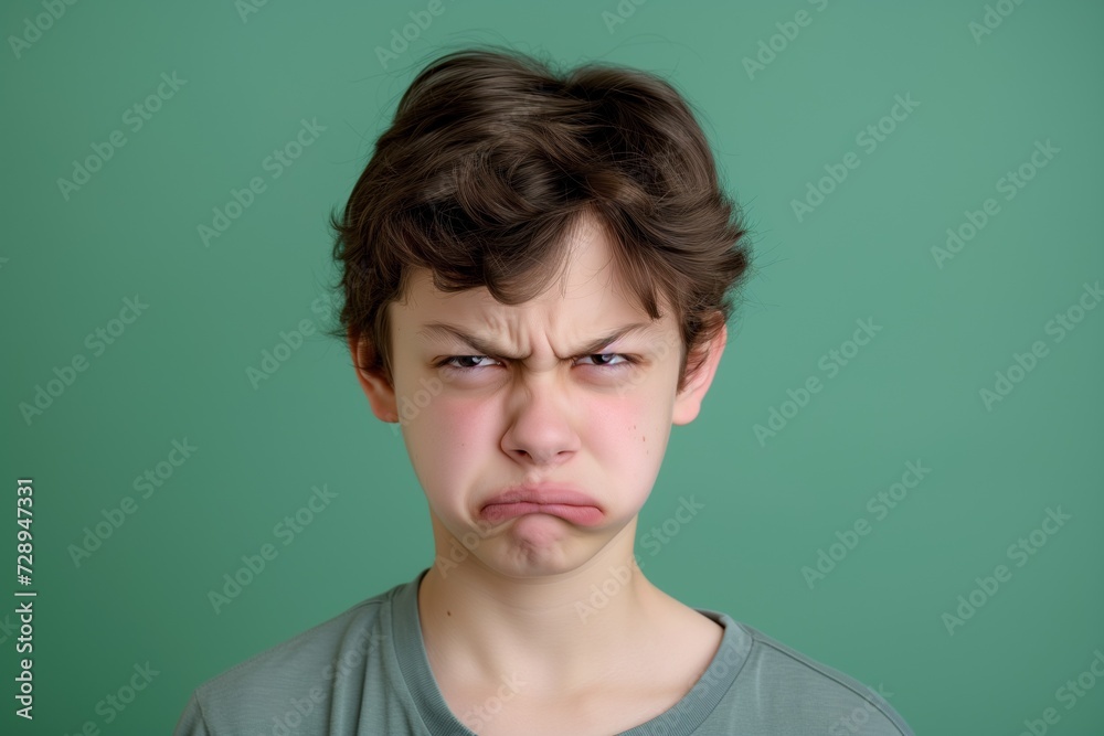 Mischievous Boy Frowning on a Solid Green Background. Generative AI. Mischievous Boy Frowning on a Solid Green Background. Generative AI.