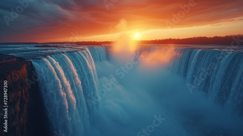 The powerful flow of Niagara Falls  viewed from the edge  with the sun setting behind it