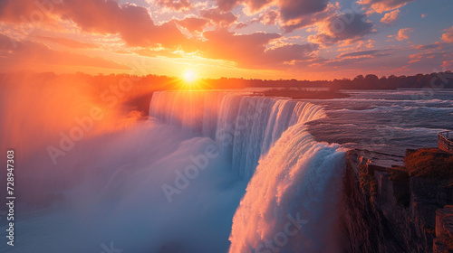 The powerful flow of Niagara Falls, viewed from the edge, with the sun setting behind it